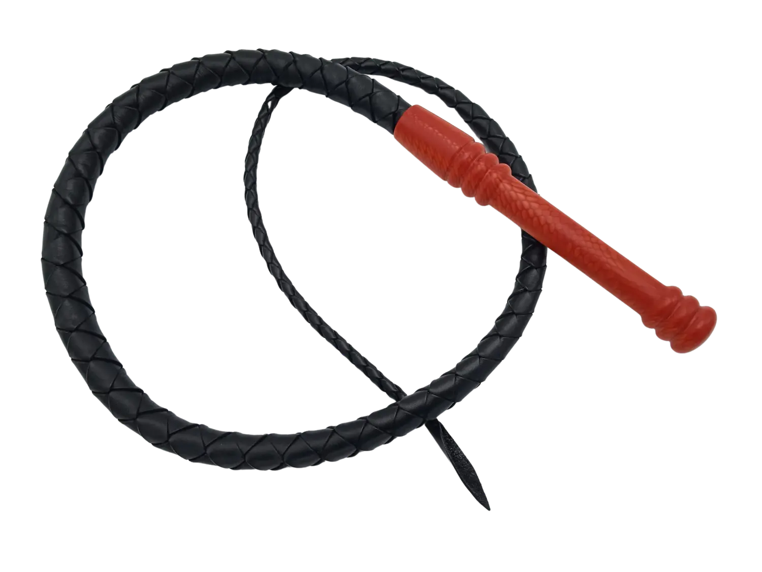 Dlouhý černý kožený bič s červenou rukojetí dračí Yuma. Cena 6500 Kč