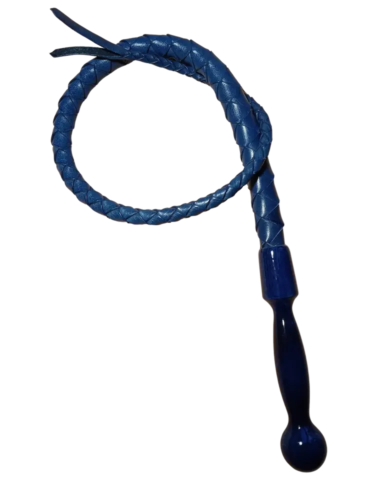 Krátký modrý bič s modrou dřevěnou rukojetí. Cena 3000 Kč