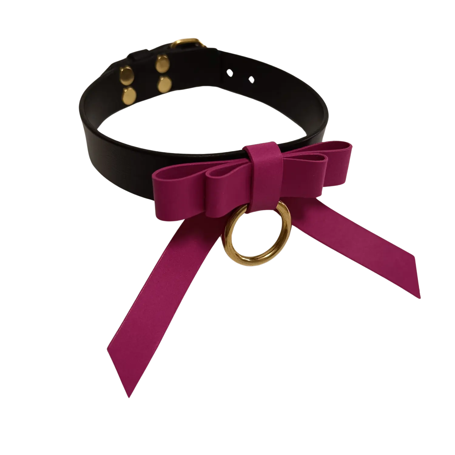 Luxusní dámský choker z černé a růžové kůže s mašlí a kroužkem. Cena 2000 Kč